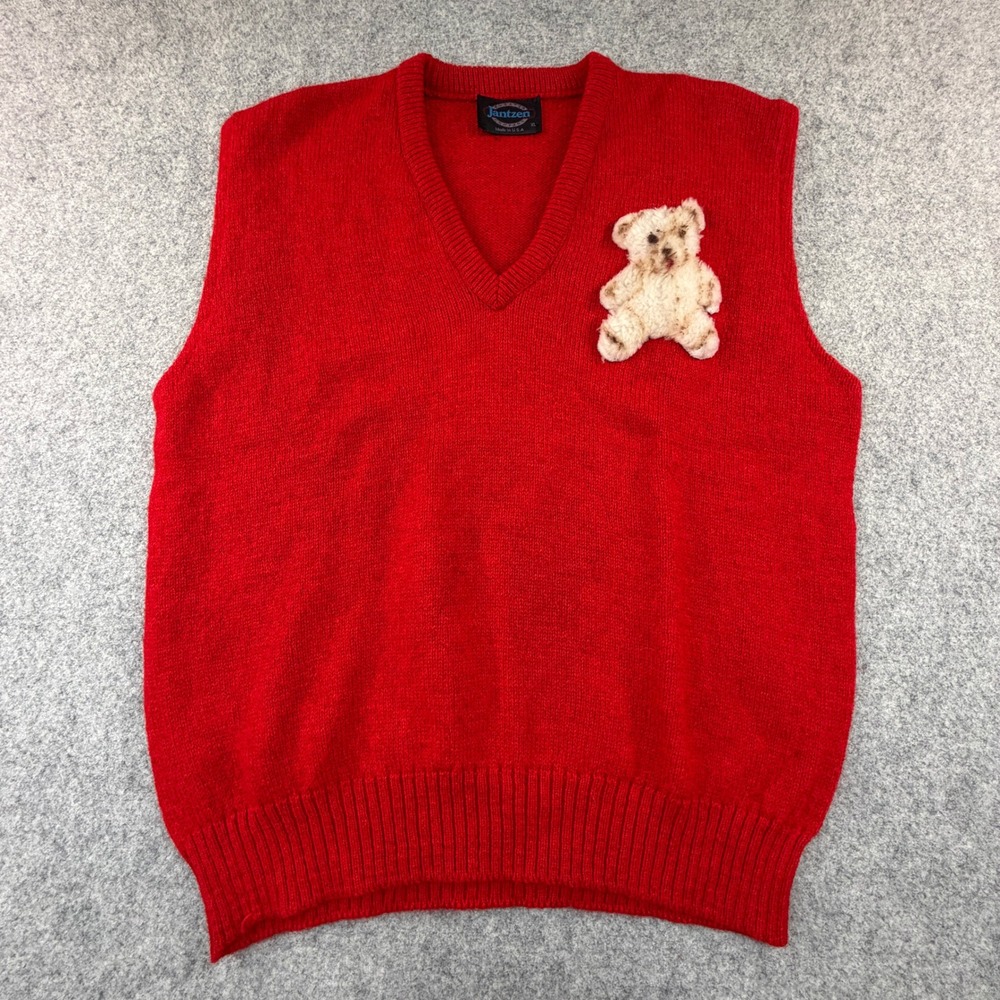 Vintage Jantzen Red Sweater Vest Teddy Bear Applique V-Neck XL Made in USA